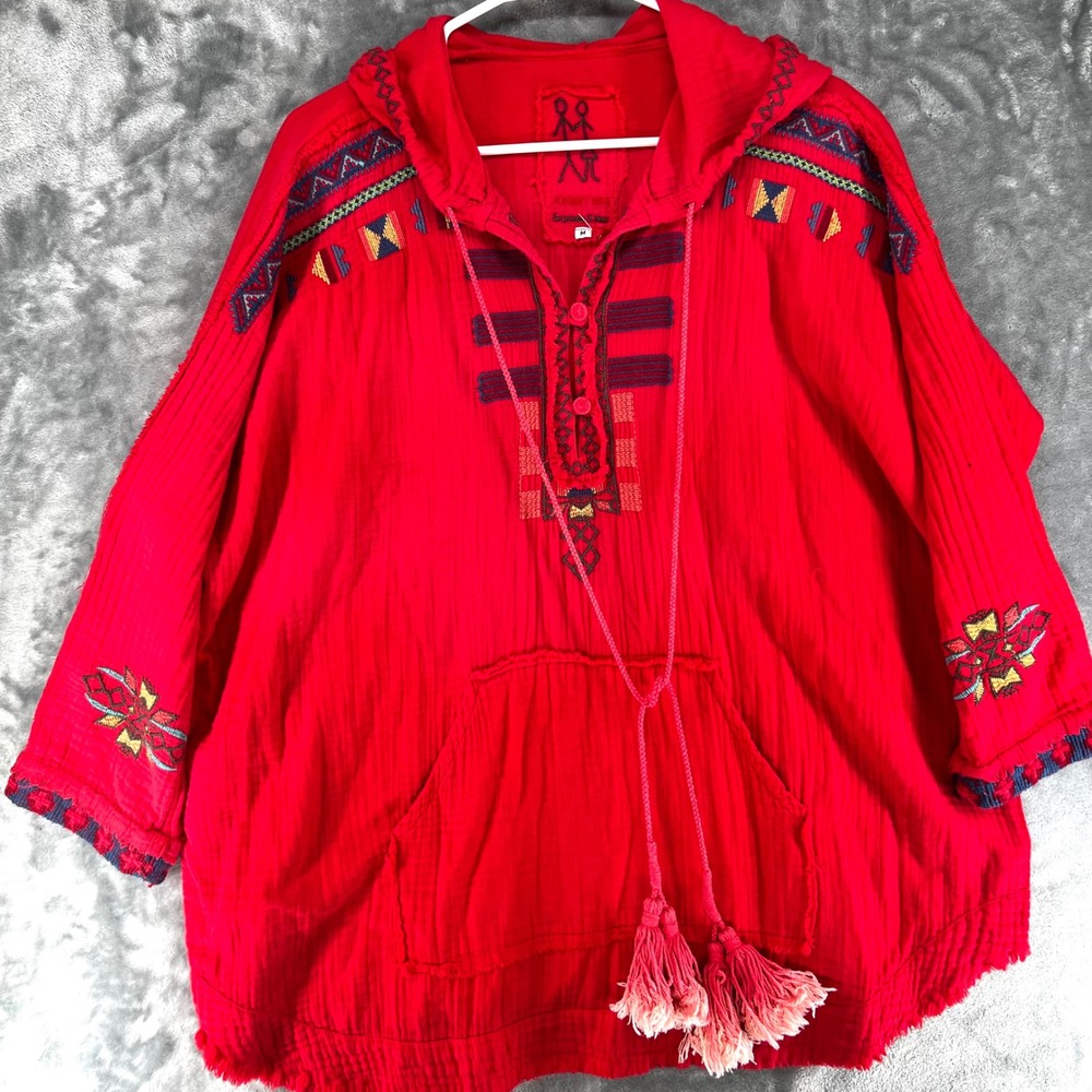 Johnny Was Red Embroidered Hooded Pullover Tunic  Women's M Aztec Bohemian